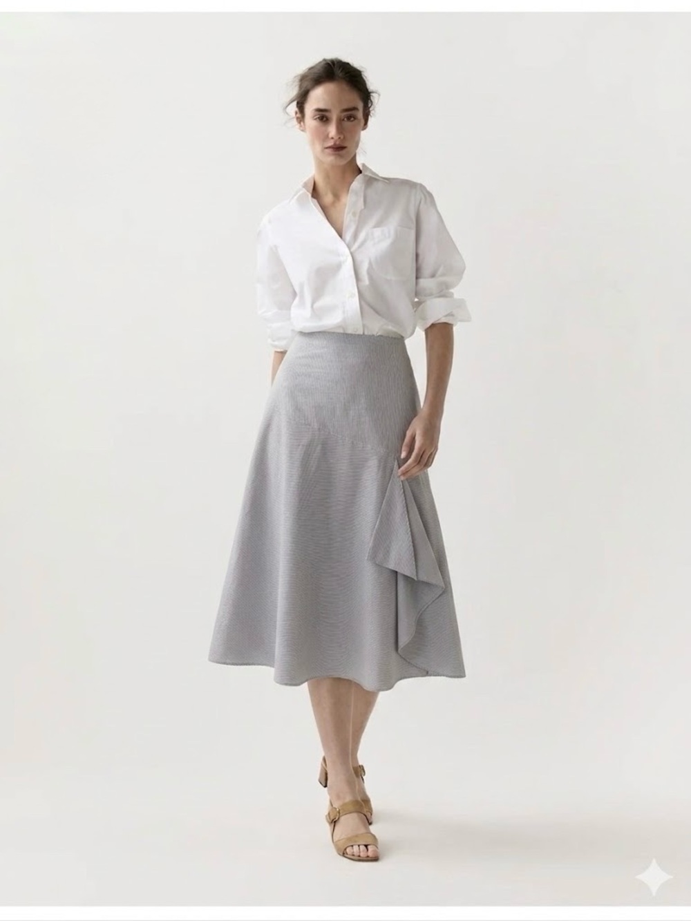 ANN MASHBURN Light Gray Micro Stripe Ruffle Midi Skirt  | S | EUC | Old Money